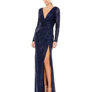 SEQUINED LONG SLEEVE GOWN Color Navy Blue Size 12 New With Tags